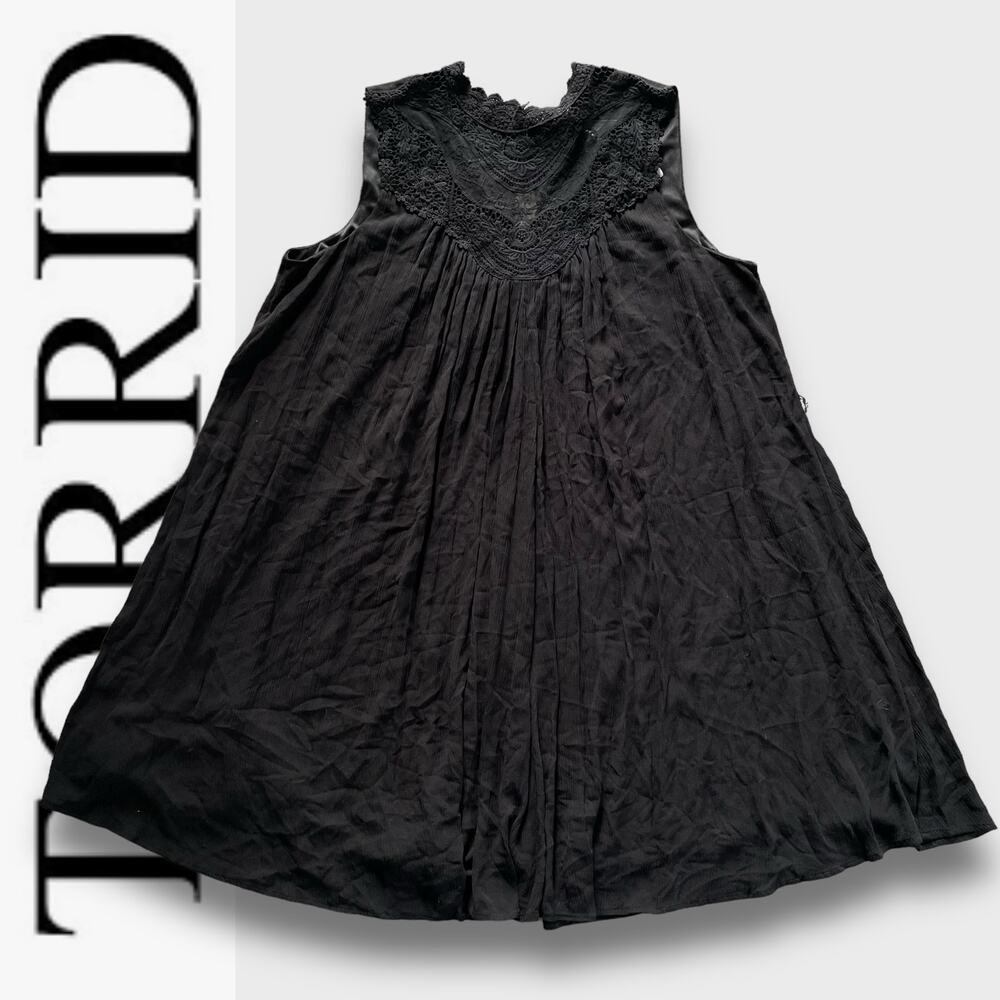 TORRID FLOWY BOHO WESTERN CROCHET YOKE GAUZE A LINE DRESS BLACK 3X